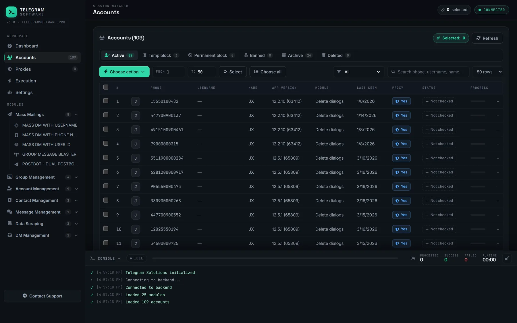Accounts screen listing sessions with phone, username, app version, assigned module, last seen, proxy state and restriction status, filtered by status folder.