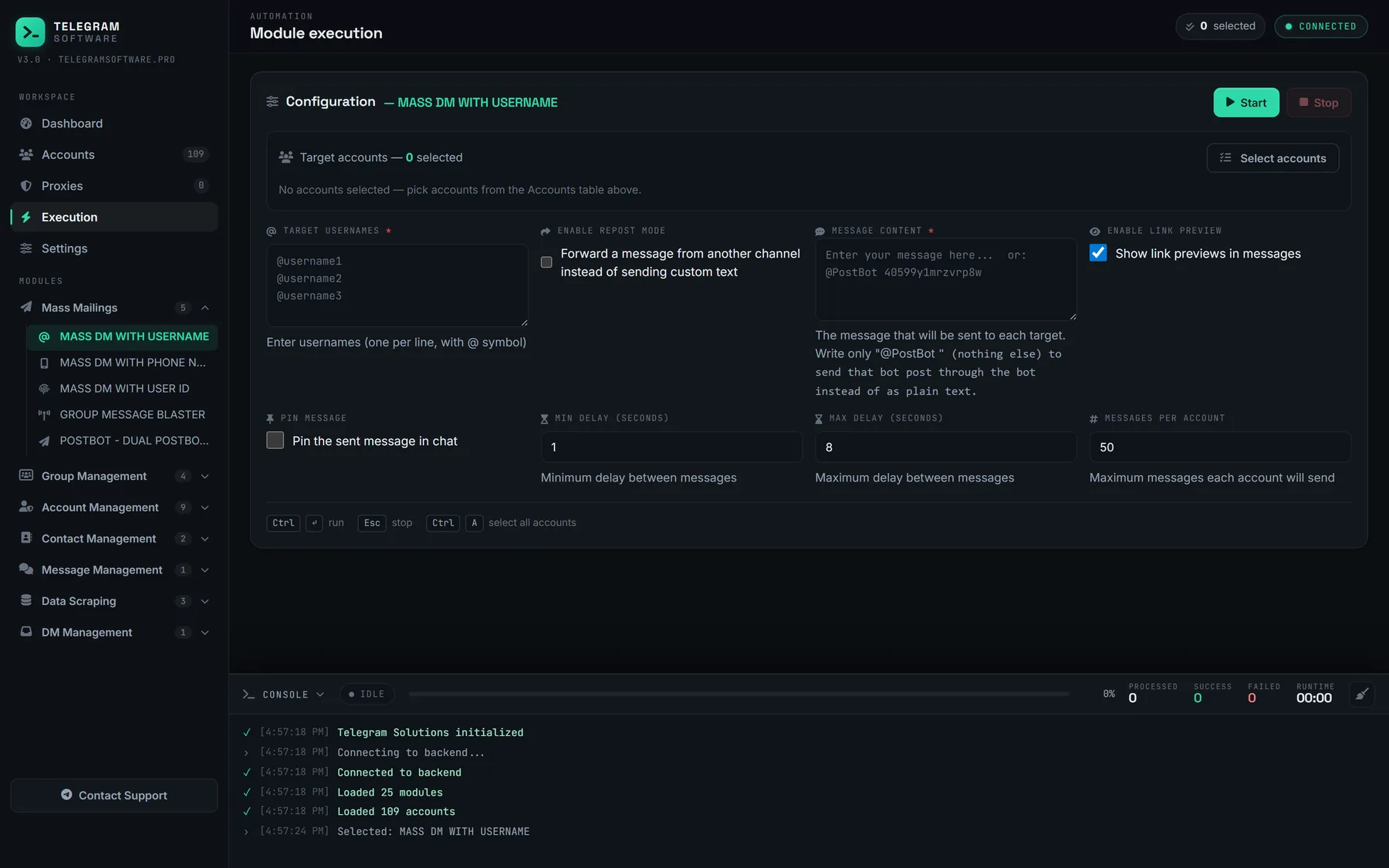 Module execution screen for Mass DM with username, showing target list, message content, repost mode and delay and per-account limit controls.