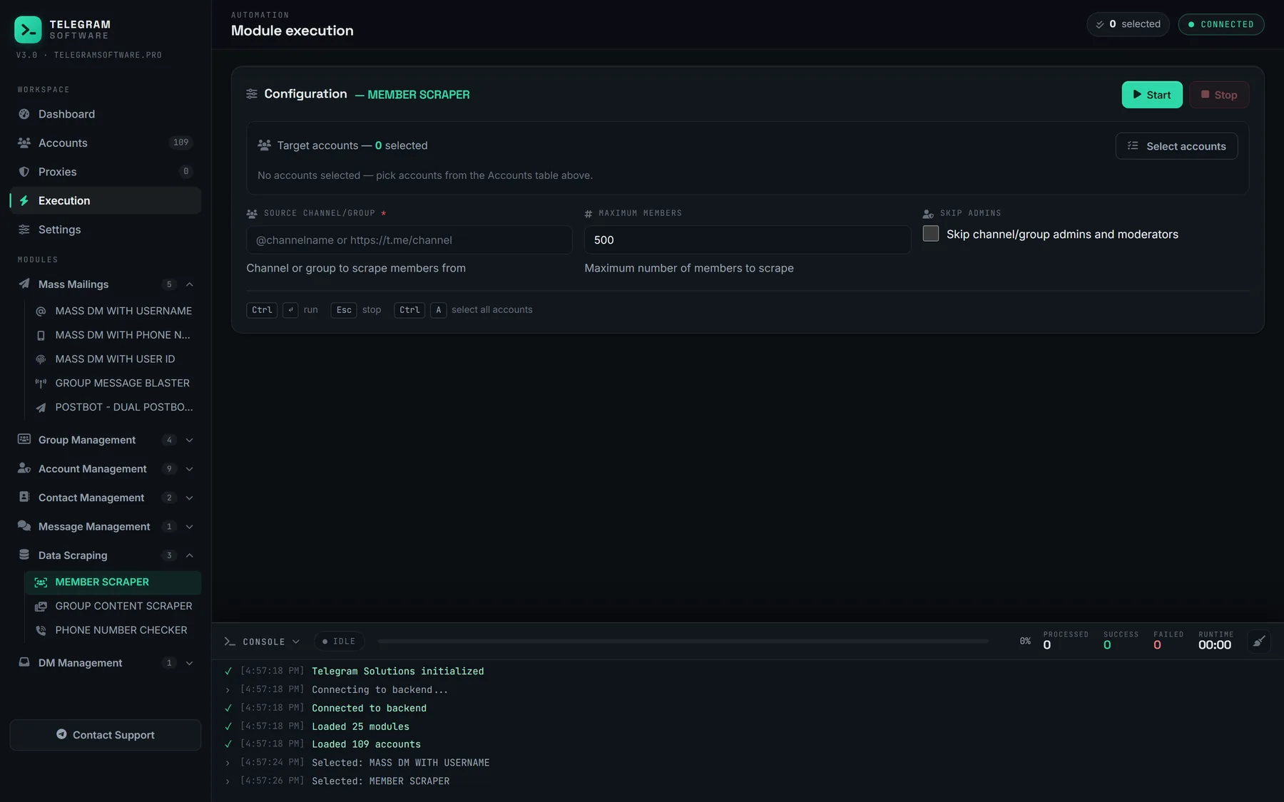 Member Scraper module configured with a source channel field, maximum member count and an option to skip admins.